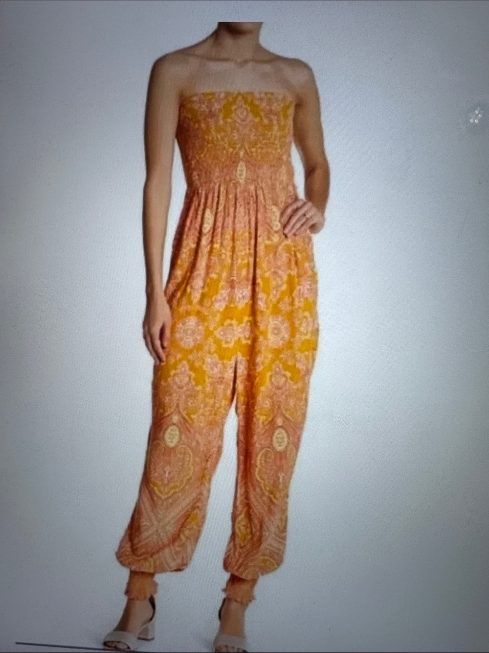 Free People Thinking of You Strapless Orange Paisley Jumpsuit Sz Medium